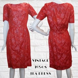 Vintage Red 1950s Rockabilly Brocade Shimmer Party Fit and Flare Tea Dress
